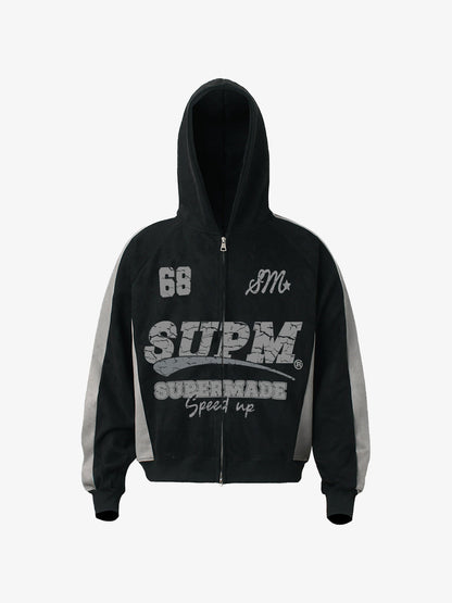 Suede Foam Letter Patchwork Zipper Shorts Jacket