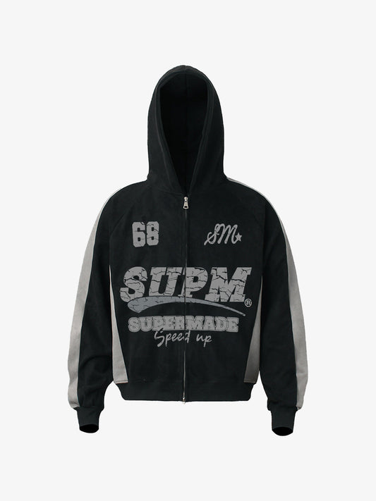 Suede Foam Letter Patchwork Zipper Shorts Jacket