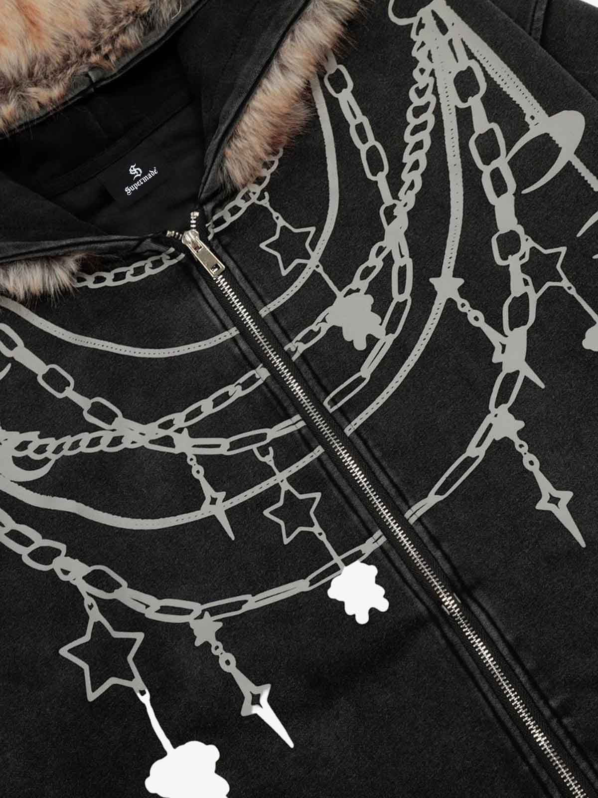 Stylish Chain-Printed Hoodie with Faux Fur Trim for Winter Fashion