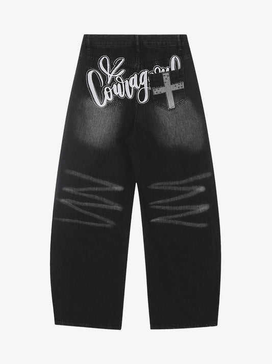 Distressed Black Denim Jeans with Embroidered Design and Cross Patch