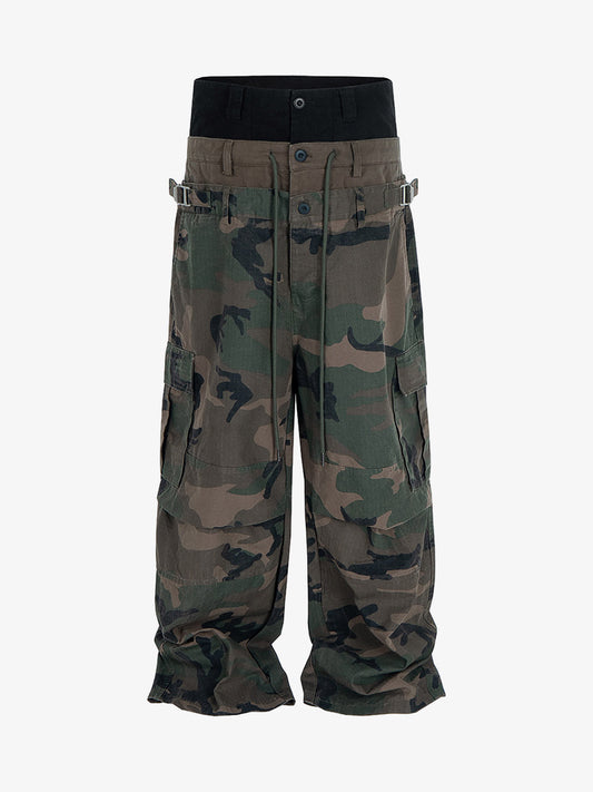 Three-Waist Splicing Camouflage Cargo Buckle Waist Design Overalls