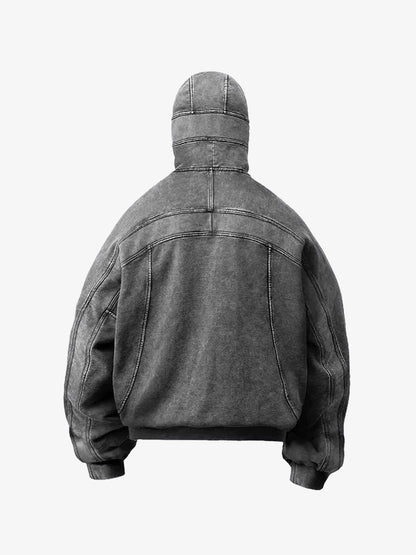 Thesupermade Retro Hip-hop Washed Distressed Deconstructed Design Zipper Hooded Cardigan Sweatshirt Jacket