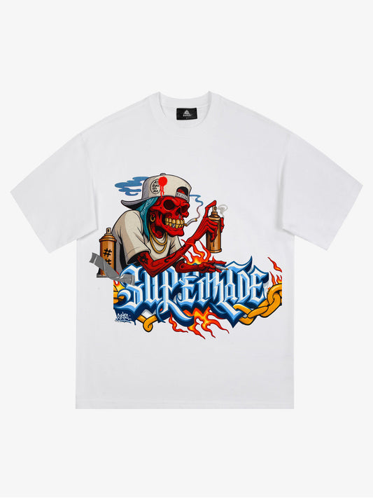 Thesupermade Skull Graffiti Artist Flame Flower Font T-shirt