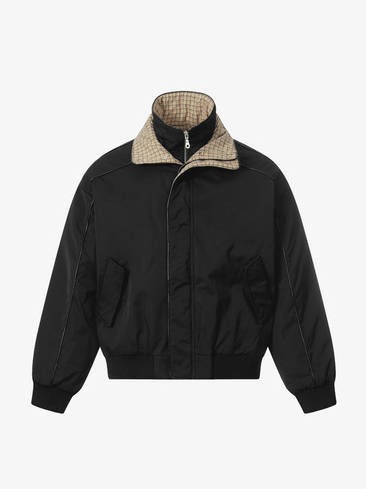 Stylish Black Bomber Jacket with Plaid Collar for Men - Perfect for Casual and Outdoor Wear