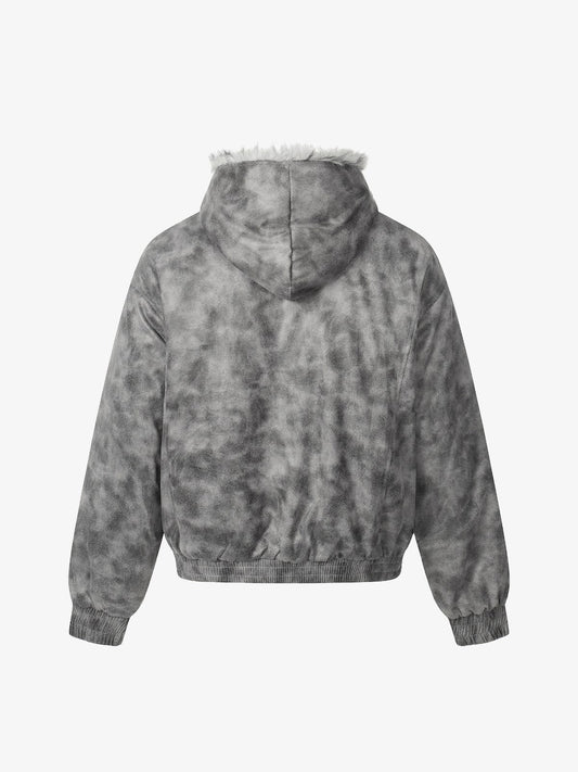Stylish Tie-Dye Bomber Jacket with Faux Fur Hood for Winter and Fall