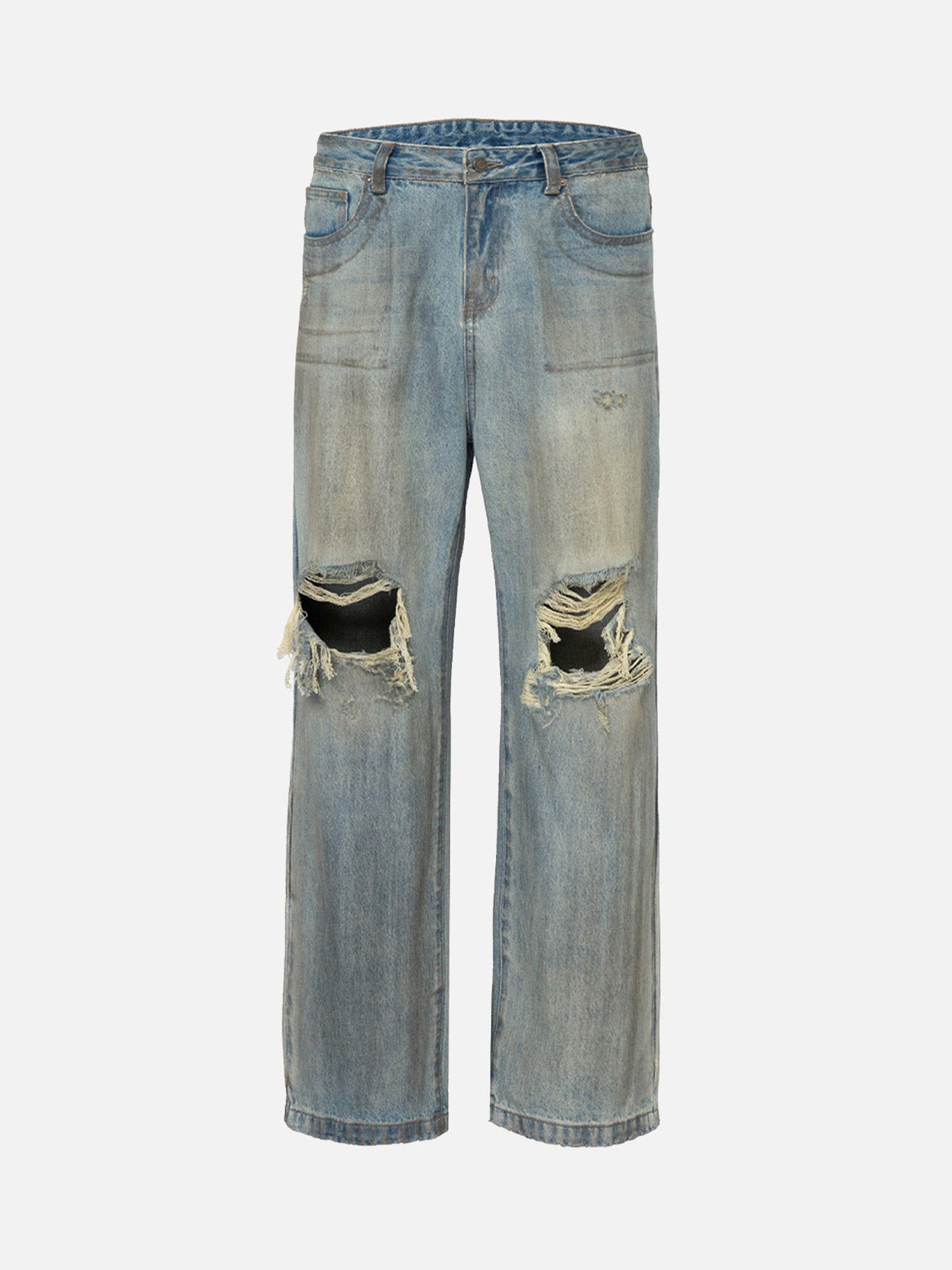 Street Retro Washed And Distressed Hip Hop Straight Jeans