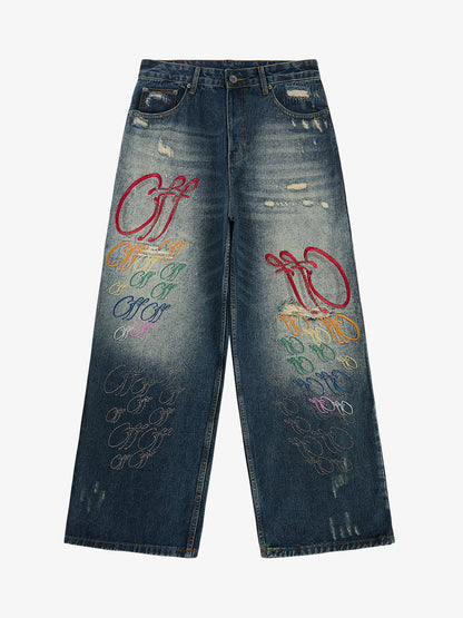 Retro Rhinestone Letter Embroidery Distressed Baggy Jeans