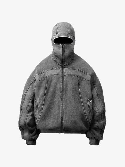 Thesupermade Retro Hip-hop Washed Distressed Deconstructed Design Zipper Hooded Cardigan Sweatshirt Jacket