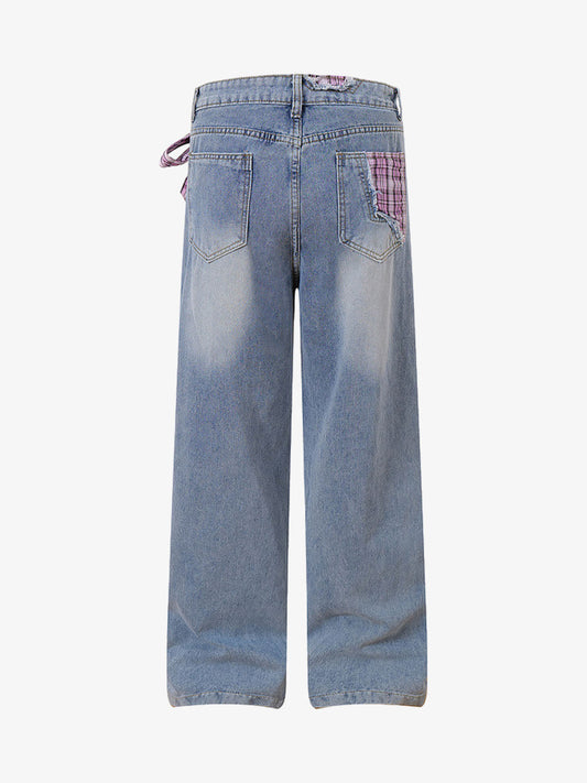 Street Ripped Plaid Bow Jeans