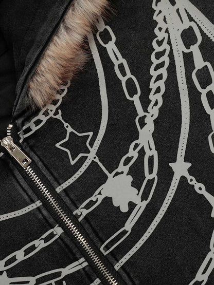 Stylish Chain-Printed Hoodie with Faux Fur Trim for Winter Fashion