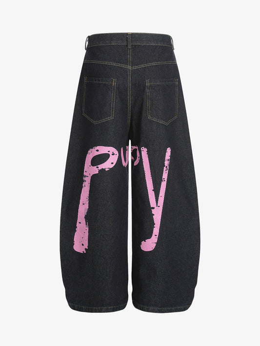 Stylish Wide-Leg Denim Shorts with Bold Pink Graffiti Design for Summer