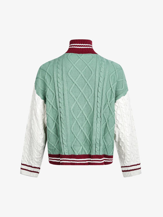 Thesupermade American Retro Contrast Color Design High Collar Knitted Sweater Cardigan