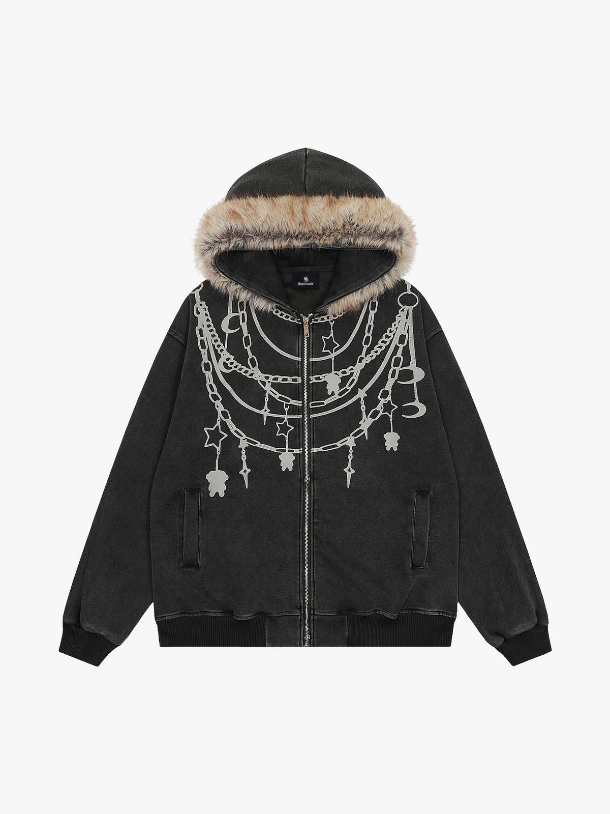 Stylish Chain-Printed Hoodie with Faux Fur Trim for Winter Fashion