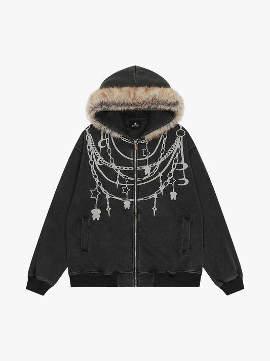 Stylish Chain-Printed Hoodie with Faux Fur Trim for Winter Fashion
