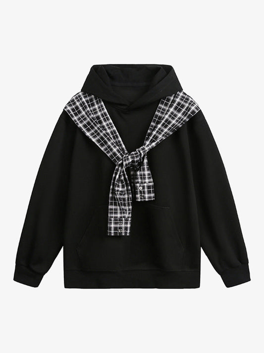 Stylish Plaid-Trimmed Hoodie with Sailor Collar Design for Women
