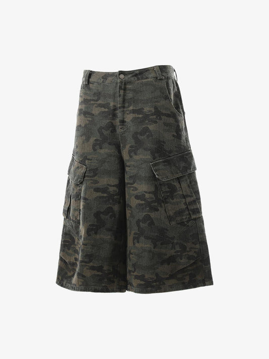 Vintage Washed Camouflage Machete Wide Leg Cargo Shorts