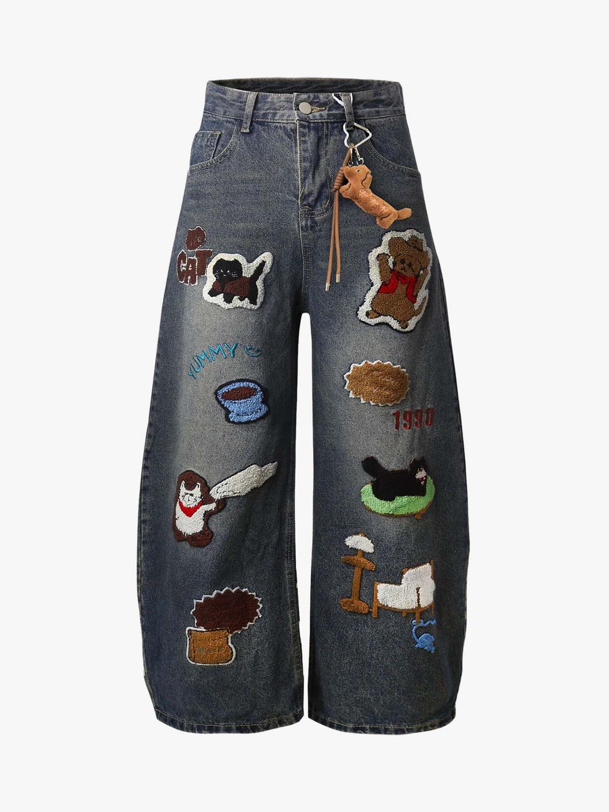 Unique Embroidered Wide-Leg Jeans with Quirky Patches for Fashion Lovers