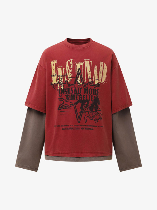 Street Color Matching Faux Two-piece Printed T-shirt