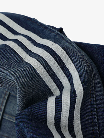 Stylish Denim Jacket with Embroidered Details and Striped Sleeves