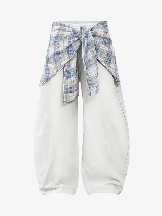 Stylish Wide-Leg Pants with Plaid Tie Belt - Perfect for Casual and Fashionable Looks