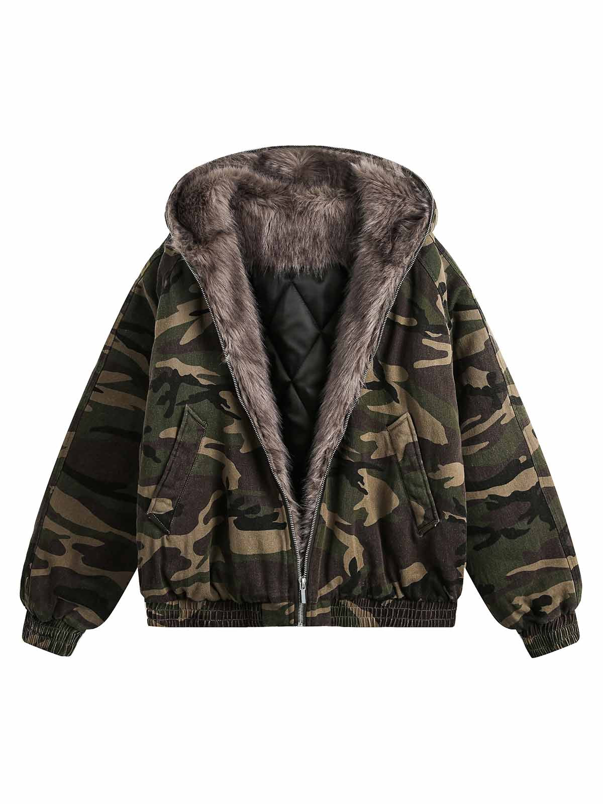 Camouflage Fur Collar Hooded Quilted Jacket Thesupermade