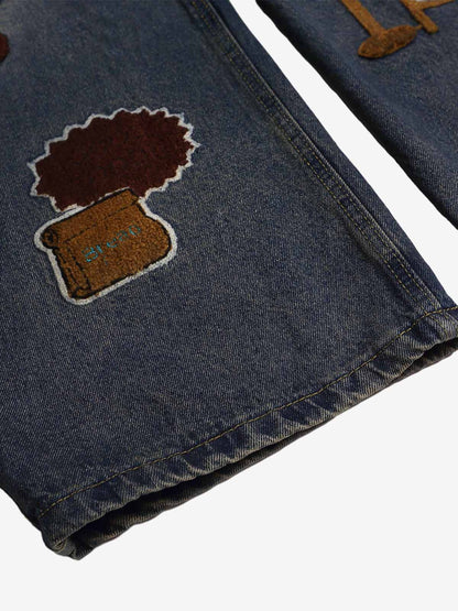 Unique Embroidered Wide-Leg Jeans with Quirky Patches for Fashion Lovers