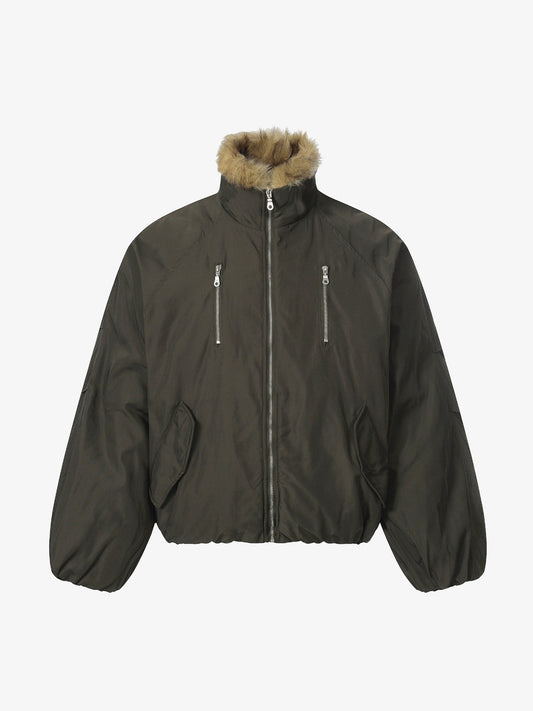 Thesupermade American Street Zipper Design Mountain Carved Fur Collar Quilted Cotton Jacket