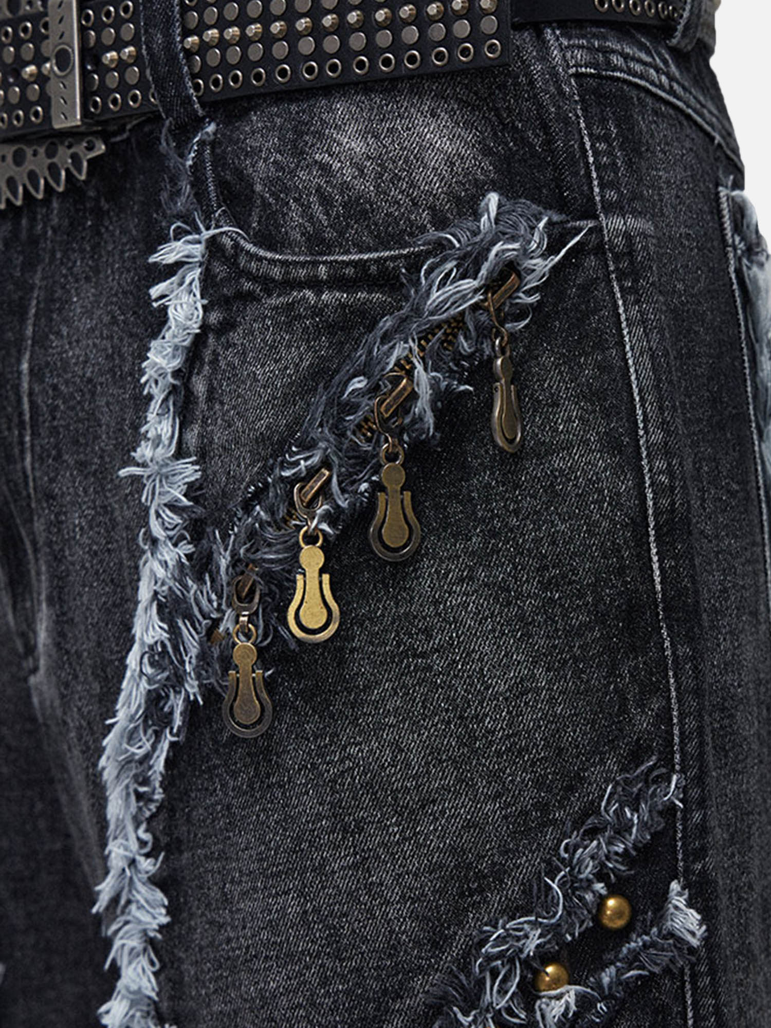 Retro Deconstructed Multi-Pull Heavy Duty Washed Distressed Tassel Micro-Large Jeans