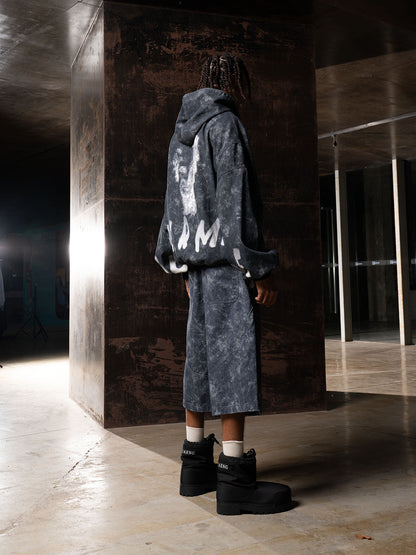 Oversized Denim Hoodie And Shorts Set For Urban Streetwear