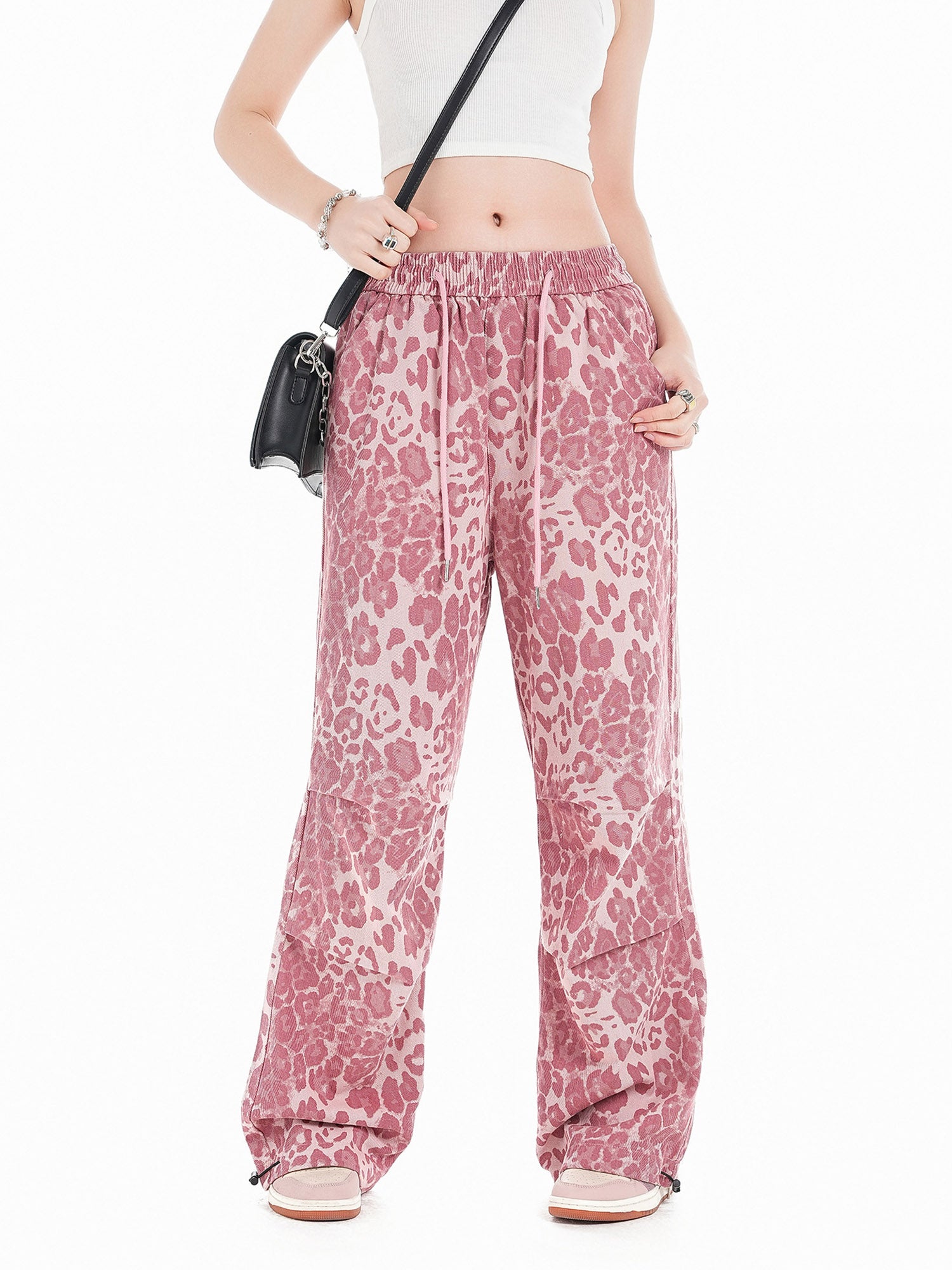 Thesupermade Retro Leopard Print Pink Wide-leg Floor-length Casual Pants