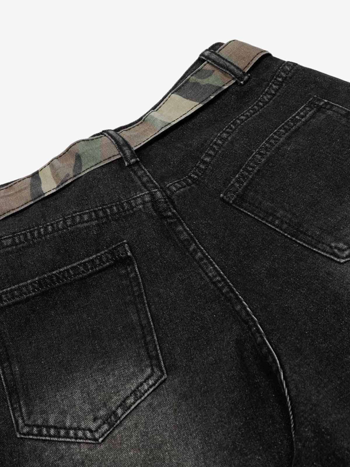 Distressed Camo-Trimmed Denim Trousers with Adjustable Waist
