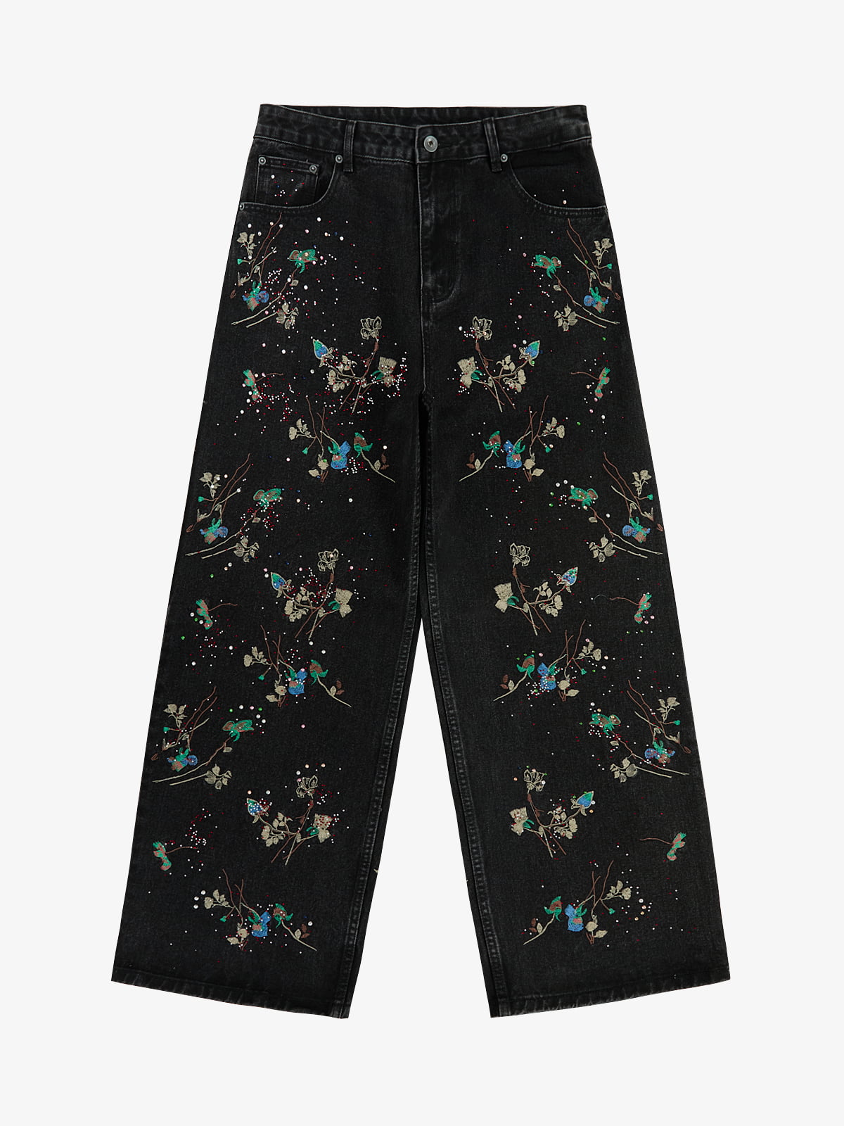 Vintage Floral Embroidery Rhinestone Straight Jeans