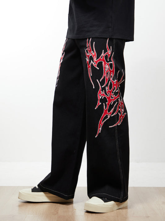 Contrast Flame Embroidered Baggy Jeans - 2364
