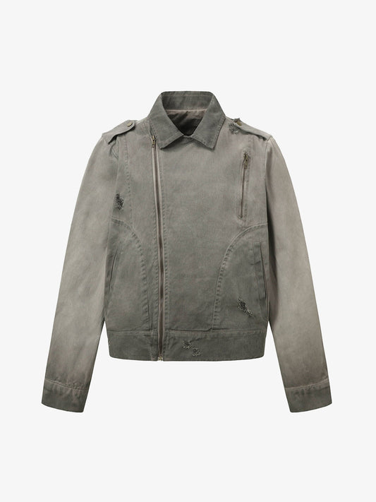 Distressed Irregular Zip Up Denim Jacket