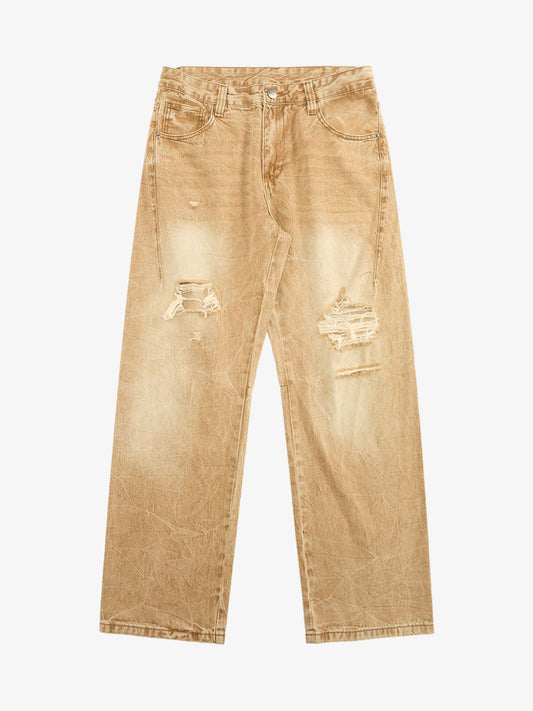 Vintage Washed Distressed Straight Jeans