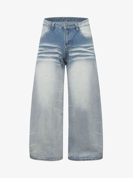 Distressed Washed Whisker Pleated Barrel Jeans