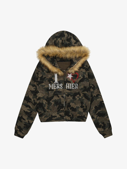 Hotfix Rhinestones Camouflage Fur Hooded Fleece Jacket - 2357