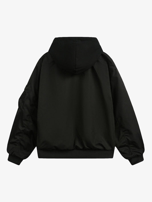 Faux Two-Piece Pleated Spliced Hooded Bomber Jacket