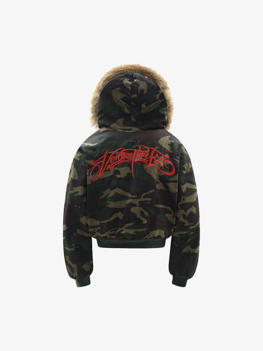 Embroidered Detachable Fur Hooded Jacket