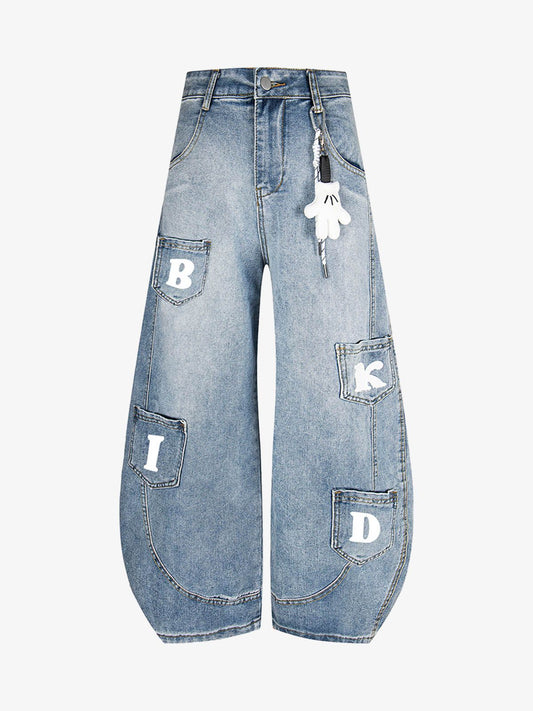 Fun Letter Pocket Barrel Jeans