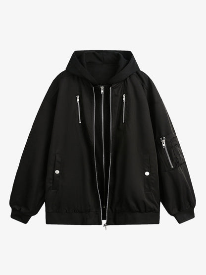 Faux Two-Piece Multi Pocket Spliced Hooded Bomber Jacket