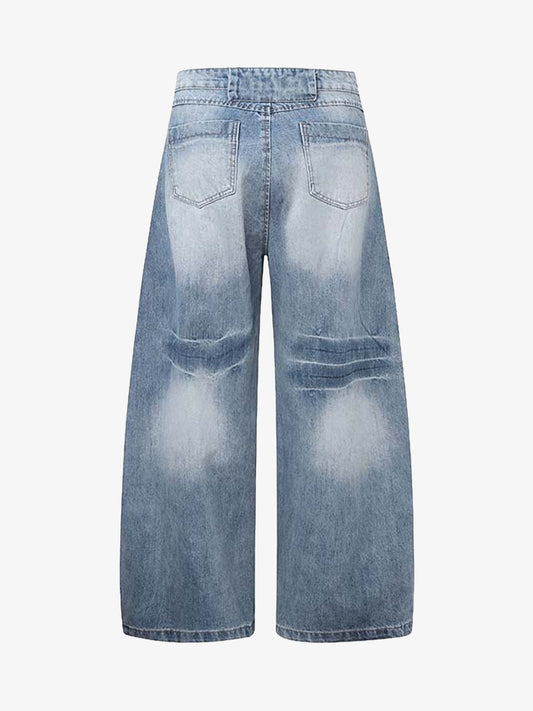 Distressed Washed Deconstructed Barrel Jeans