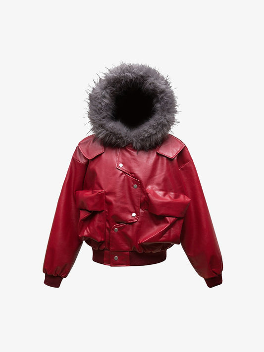 Deconstructed Multi Pocket Fur Hooded PU Leather Jacket