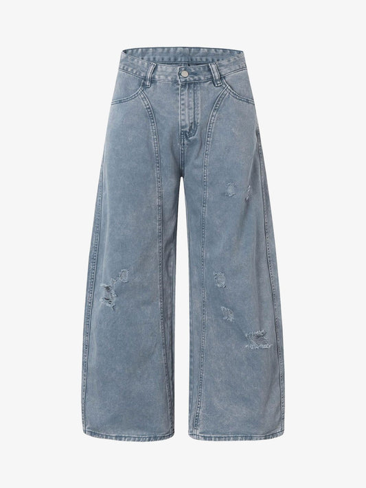 Washed Distressed Ripped Barrel Jeans
