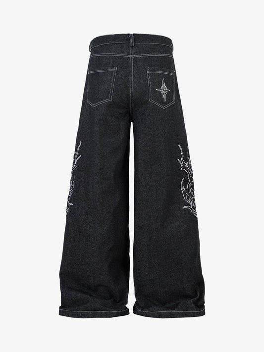 Embroidered Flame Baggy Jeans