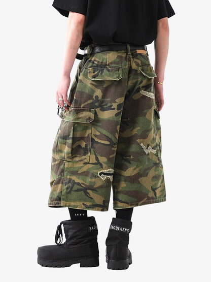Retro Ripped Camouflage Cropped Jorts - 2387