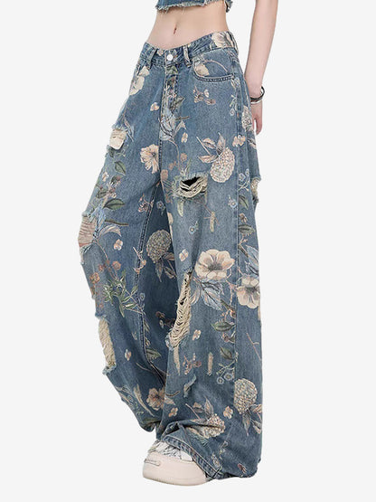 Vintage Washed Distressed Floral Ripped Baggy Jeans