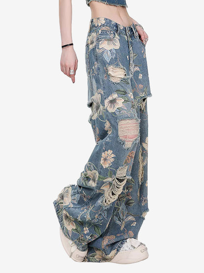 Vintage Washed Distressed Floral Ripped Baggy Jeans