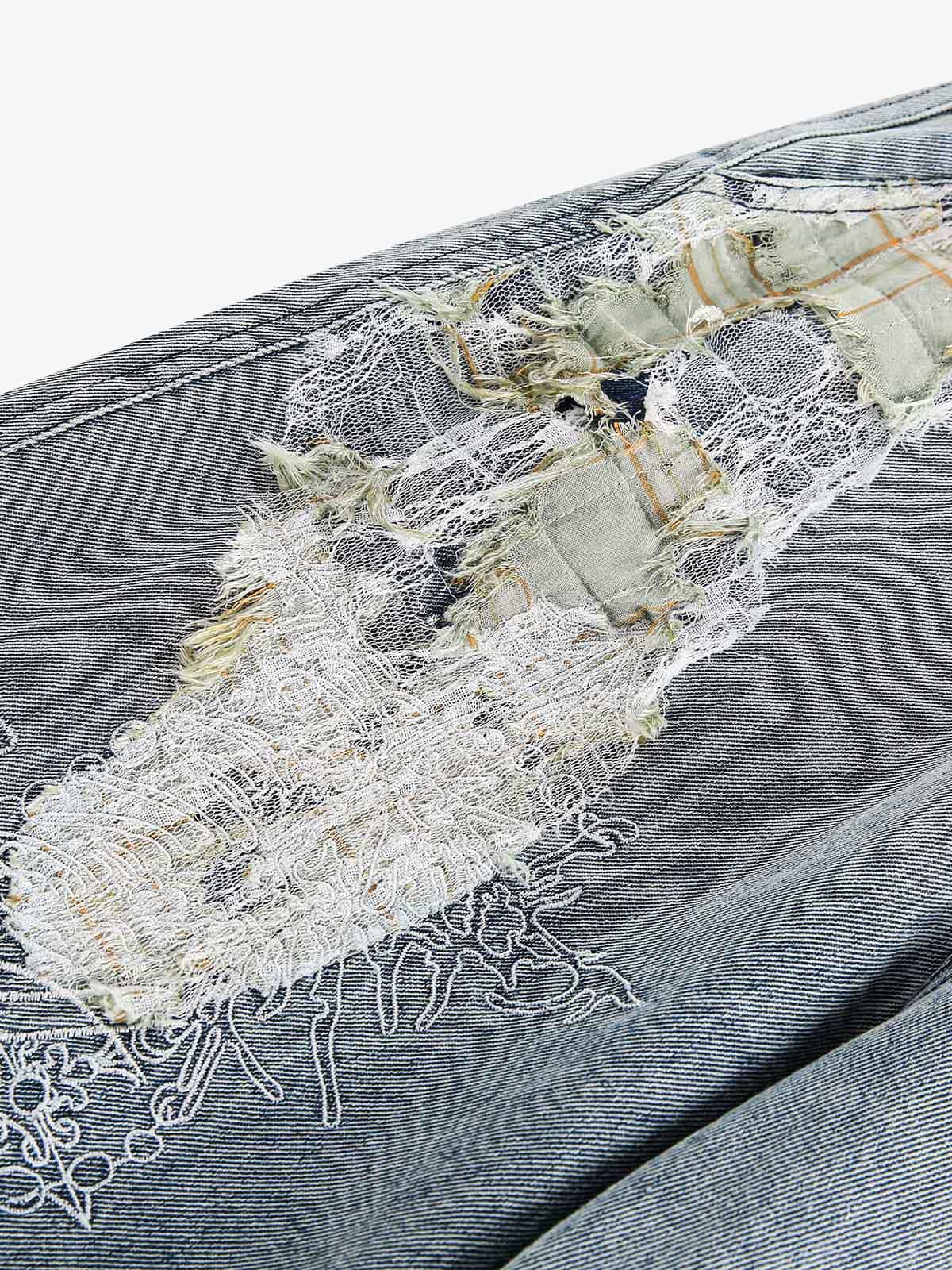 Ripped Lace Patchwork Straight Jeans