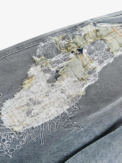Ripped Lace Patchwork Straight Jeans